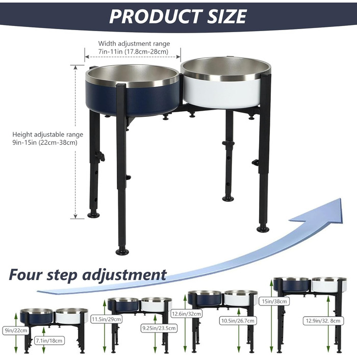 Підвищена годівниця для собак, металева, регульована висота та ширина, для великих, середніх та малих собак