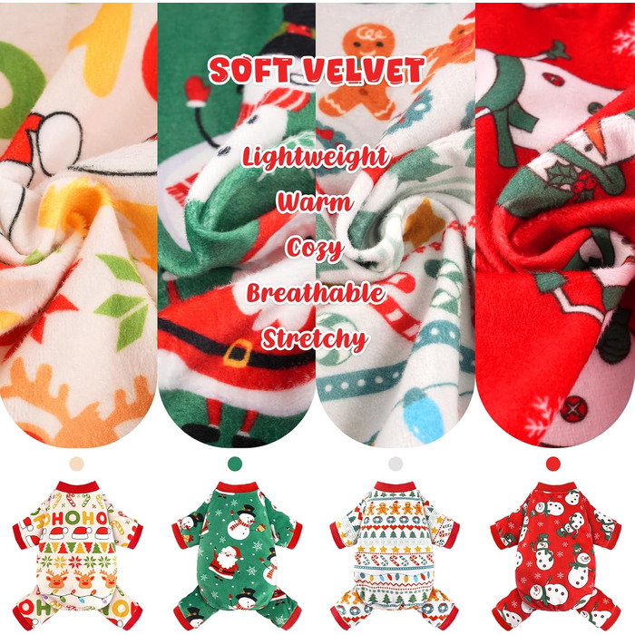 Піжама для собак, м'яка, легка, для маленьких, середніх та великих сук, для хлопчиків та дівчаток, собак та котів, розмір S (спинка: 21,6 см, обхват грудей: 33 см, обхват шиї: 22,9 см), різдвяний стиль, 4 різдвяних стилі S (спинка: 21,6 см, обхват грудей: