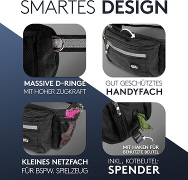 PAWZONE Сумка для корму для собак - Поясна сумка для ласощів для собак - Аксесуар для собак - Сумка для ласощів для собак - З відбиваючим шнуром та додатковим ремінцем для FlexiLeine (Чорний)