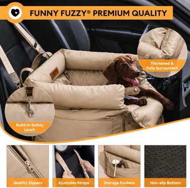 Автокрісло для собак FUNNYFUZZY (Khaki) до 16 кг, водонепроникне, з штучної шкіри, з повідцем та антиковзним дном