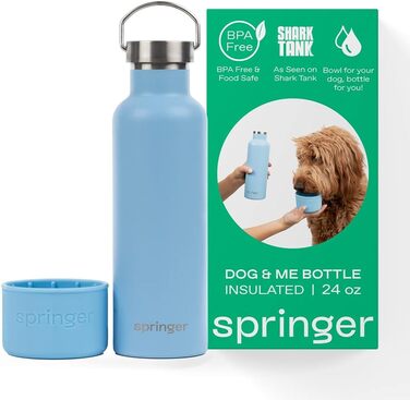 Термобутилка Springer Dog and Me 680,4 г з нержавіючої сталі для води, ізольована, тримає холод до 12 годин, портативна пляшка для води з інтегрованою поїлкою для собак, небесно-блакитна