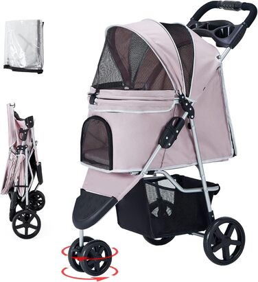 Візок для собак до 15 кг, складний, з кошиком для зберігання, сіткою, захистом від дощу, рожевий