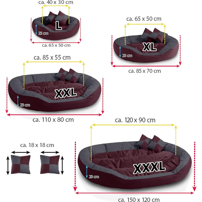 BedDog® Hundebett SABA 4в1: овальне/кругле, велике, знімне, для дому та вулиці, L, Cherry-Rock (бордовий/сірий), 65x50x23 см