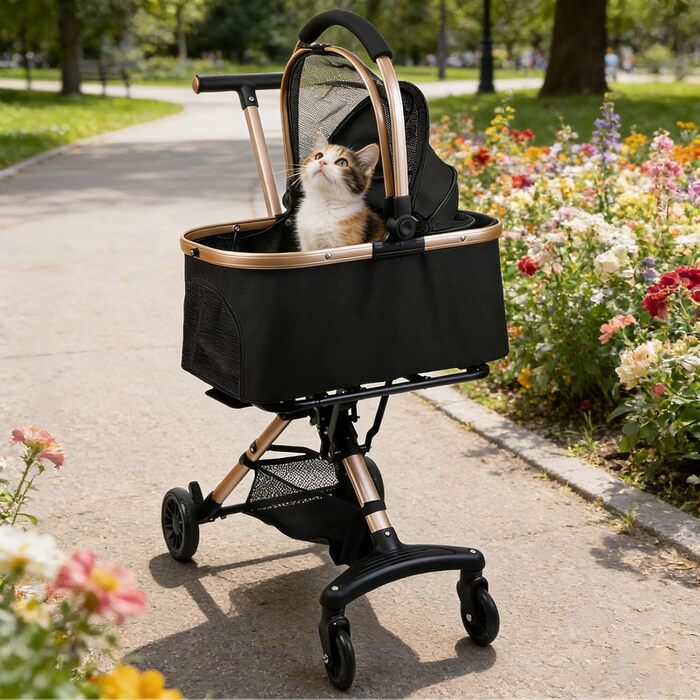 Візок для собак 3 в 1, розкладний, для маленьких собак та котів, знімний кошик, візок для тварин, портативний, сітка, оксфордська тканина, до 20 кг (Темно-зелений) (Чорний)