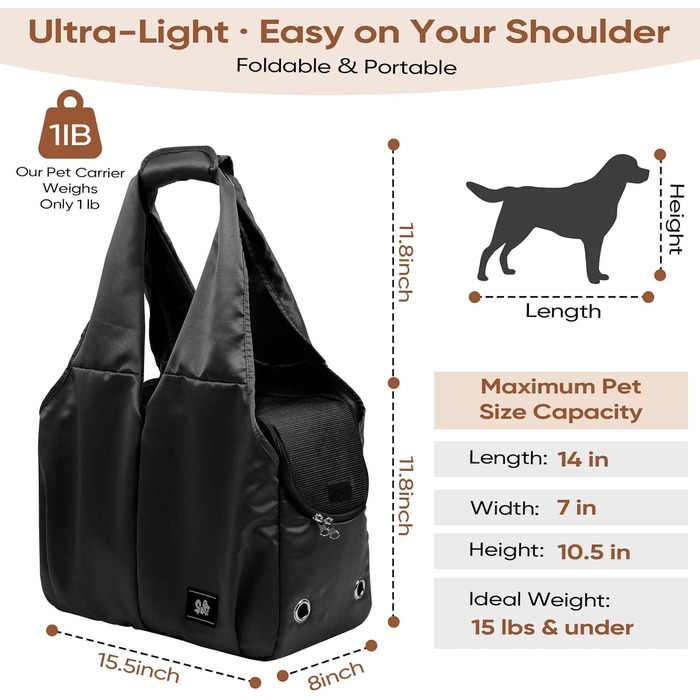 Сумка-переноска для собак, котів та цуценят – чорна, м'яка, складна, легка, до 6,8 кг, з 4 кишенями, для подорожей та до ветеринара