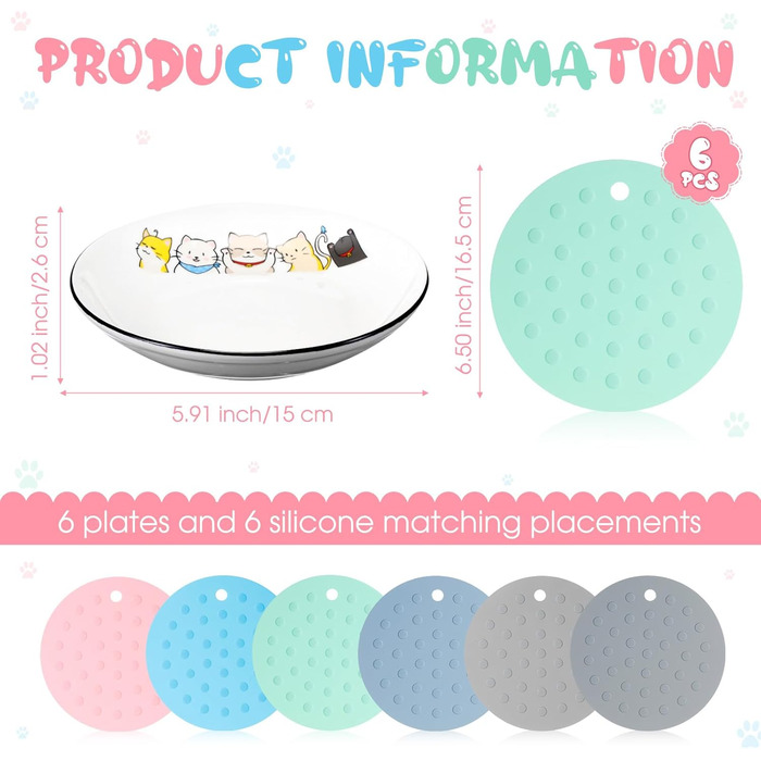 Набір мисок для котів Thenshop (6 шт.) з антиковзними килимками, керамічні миски для їжі та води, для котів, кошенят, цуценят, кроликів та хом'яків, білий, блакитний, світло-блакитний, сірий, зелений, рожевий, світло-сірий (милий стиль)