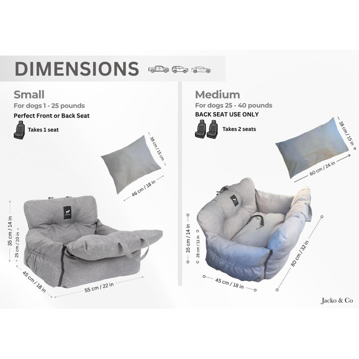 Автокрісло для собак JACKO & CO V2 Premium – підходить для малих та середніх тварин до 18 кг, з підстібкою та поворотком, сіре