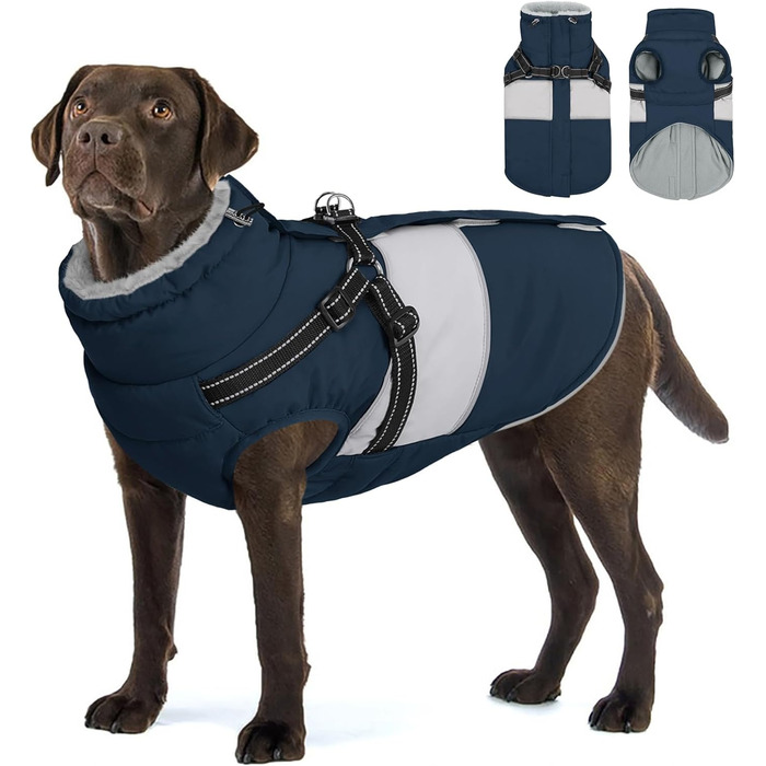 Зимовий водонепроникний теплий зимовий одяг для собак AOFITEE, великі породи, з кріпленням для повідка, флісова жилетка, вітронепроникний, для німецьких вівчарок, синій, 3XL, темно-синій