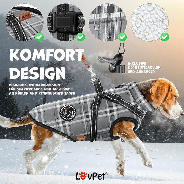 LOVPET® зимова куртка для собак 2XL, сіра, водонепроникна, утеплена, з вбудованим шлейкою, світловідбивачами, D-кільцем, 45 пакетів для прибирання та диспенсером