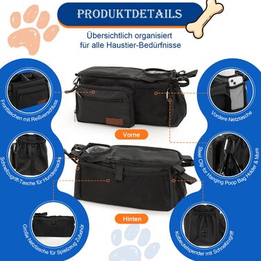 Органайзер для дитячої коляски та собак, сумка-органайзер для аксесуарів для собак з дозатором пакетів для екскрементів, кишенькою для ласощів та тримачем для чашки, сумісний з ручками 35–48 см, подарунок для любителів тварин, чорний