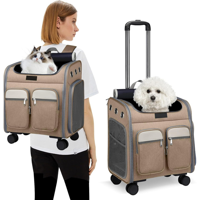 Рюкзак-переноска для кота та собаки PETCUTE з візком 2 в 1 до 11 кг, складаний, з витяжною підстилкою, багатофункціональний, дихаючий, для кошенят та цуценят (Хакі)