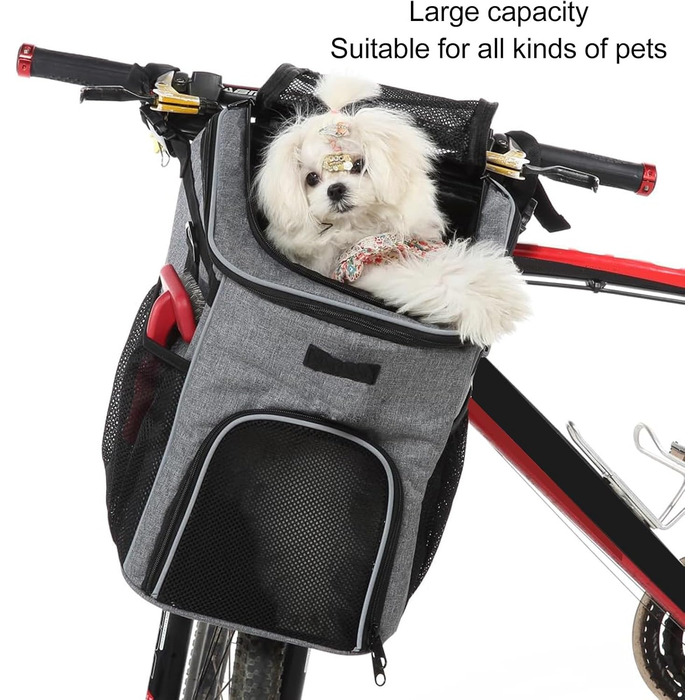 Корзина для собак на велосипед, рюкзак для домашніх тварин та автокрісло для цуценят. Підходить для піших прогулянок, велопоїздок, кемпінгу. М'яка, розширювана, складана, для ролерів, електровелосипедів, велотримачів. Також підходить для котів. Колір: сір
