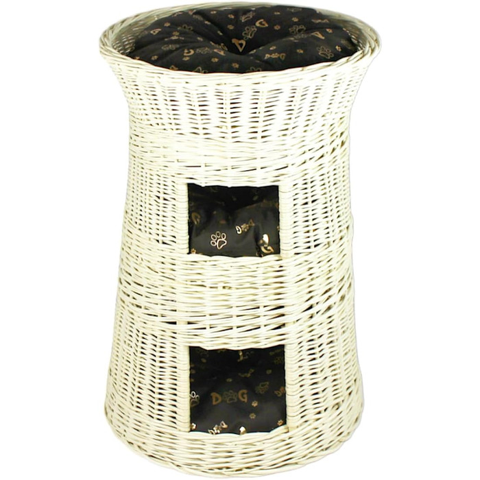 Кігтеточка-ліжко для котів: кругла хатинка з ротангу, триповерхове ліжко для собак та котів, колір білий (з коричневими та золотими подушками)