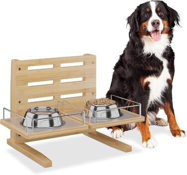 Станція для годування собак Relaxdays, регульована годівниця, HBT: 37x55x36 см, підставка для мисок з силіконовим килимком, бамбук, натуральний дизайн