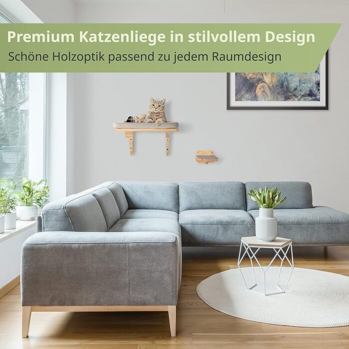 WOOWOOD® Стіна для лазіння котів з 2 сходами, дерев'яна полиця, настінний комплекс для котів, кріплення на стіну, гамак і когтеточка, меблі для котів з масиву дерева, вироблено в Європі