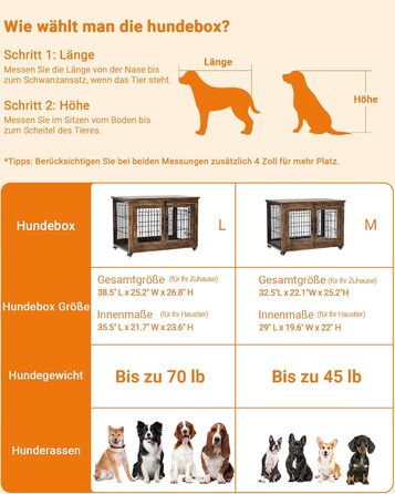 Кіяпа - Будка для собак у дім з подушкою, сучасна будка для собак з двома дверцятами та колесами, для великих собак до 70 кг, 98x64x68 см, (Рустичний коричневий, L)