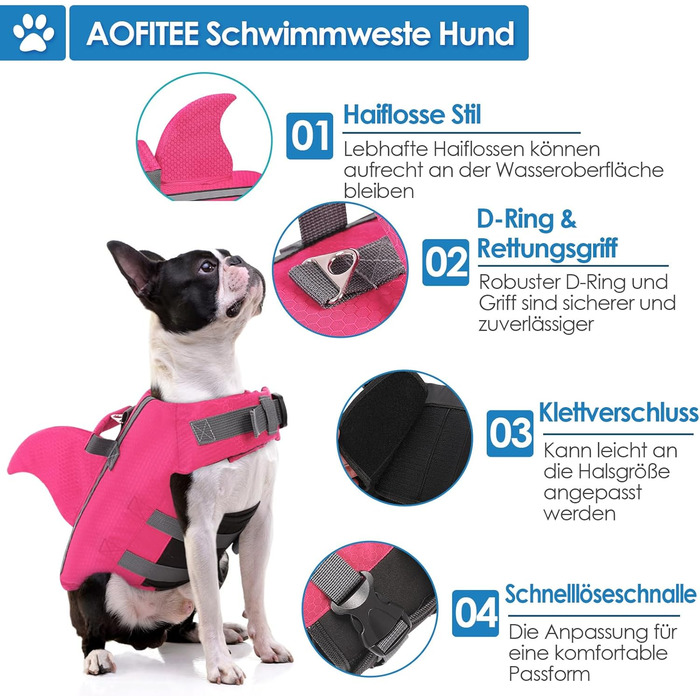 Жилет для плавання для собак AOFITEE з плавниками акули, регульований, з ручкою рятування, світловідбиваючий, синій, для малих та середніх собак