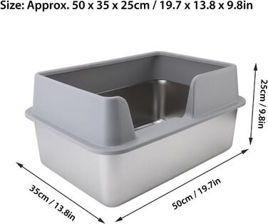 Великий котячий туалет з нержавіючої сталі MENDUNER 50x35x25 см, відкритий, із захистом від розбризкування, високими бортиками та совком, сірий