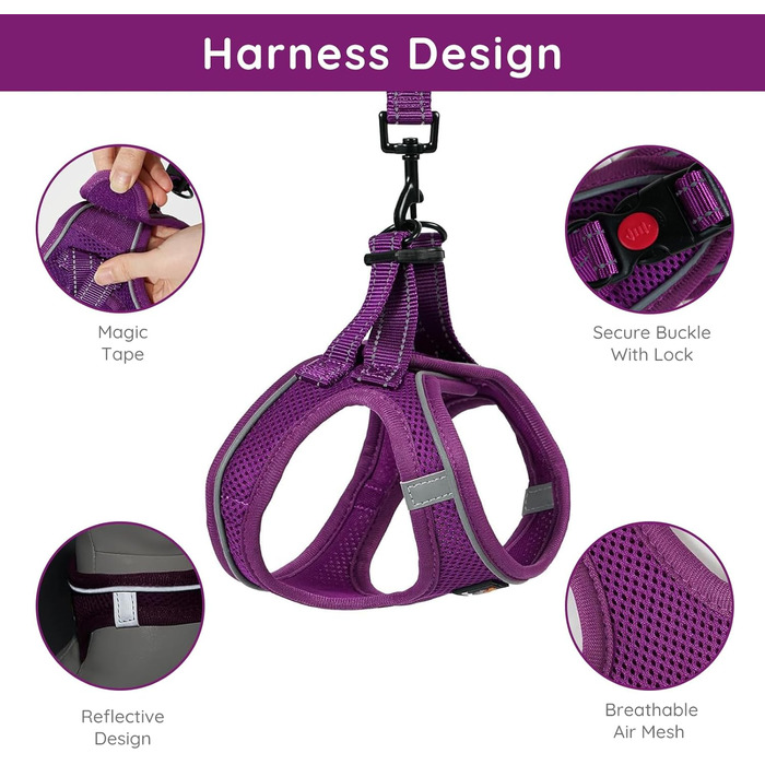 Шлейка для собак BELLA & PAL для маленьких собак з повідком, Step-in шлейка з Air Mesh, анти-тяга, світловідбиваюча, дихаюча, для цуценят, котяча шлейка, XS (XXS (28-30см обхват грудей), фіолетова)
