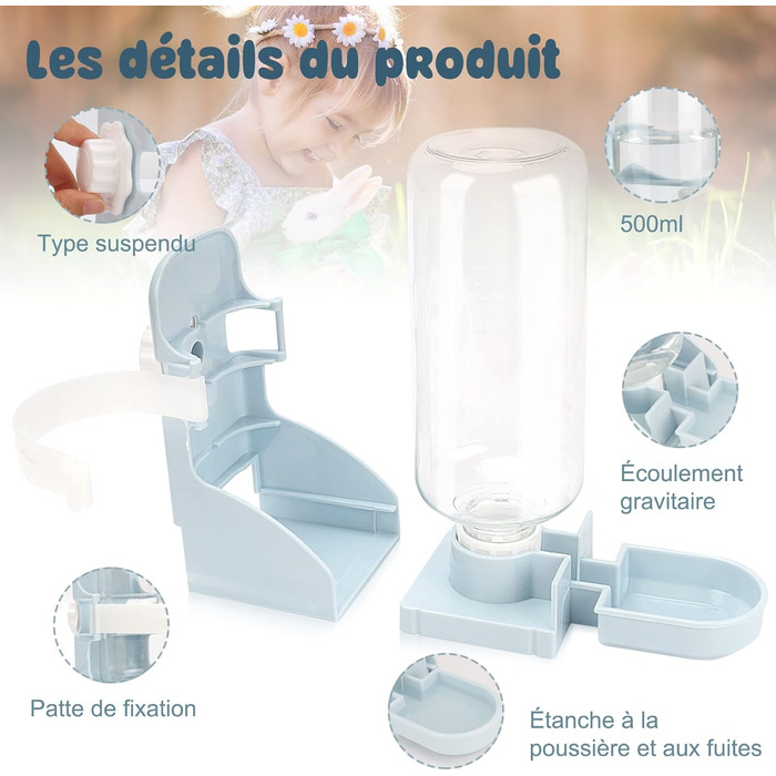 Автоматичний диспенсер води для тварин HYLYUN, 500 мл, підвісний, для морських свинок, шиншил, їжаків, фреток, блакитний