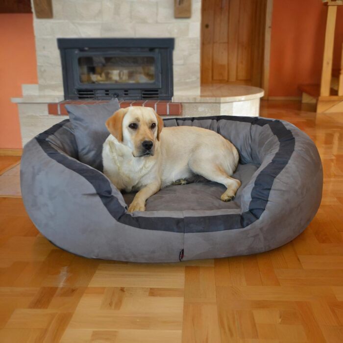 Ортопедичне ліжко для собак Tierlando® Pepper, ліжко-софа для собак, XL, віскоеластична піна, велюр, сірий, 110 см, велике та м'яке, PE4, розмір L +