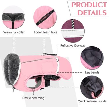Теплий зимовий одяг для собак QBLEEV: водонепроникна куртка з флісовою підкладкою, рогатий комір, для холодної погоди, всі розміри, рожевий, L (Обхват грудей 50-80 см)