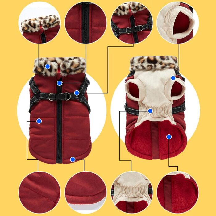 Зимова куртка для собак, теплий зимовий плащ для собак - світловідбиваюча куртка для собак, жилет для собак з інтегрованим шлейкою для маленьких та середніх собак, бургунді, 2XL