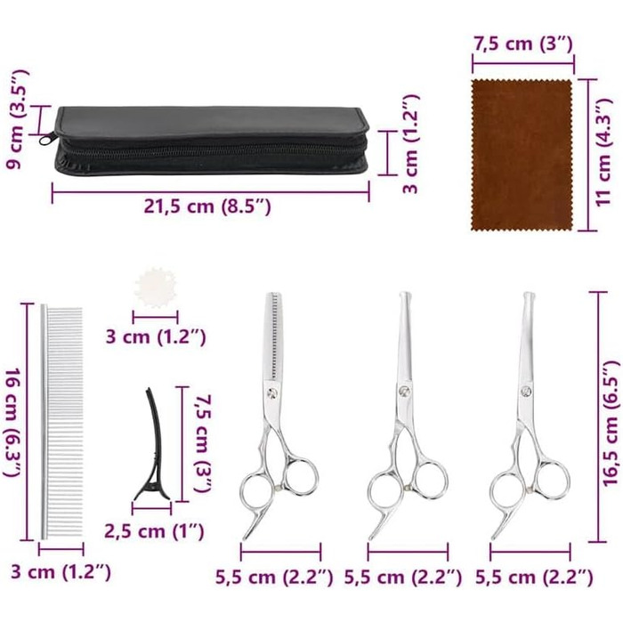 Набір професійних ножиць для грумінгу собак з нержавіючої сталі (7 шт.) - ножиці, гребінець, аксесуари. Довговічний та щадний до шерсті та шкіри