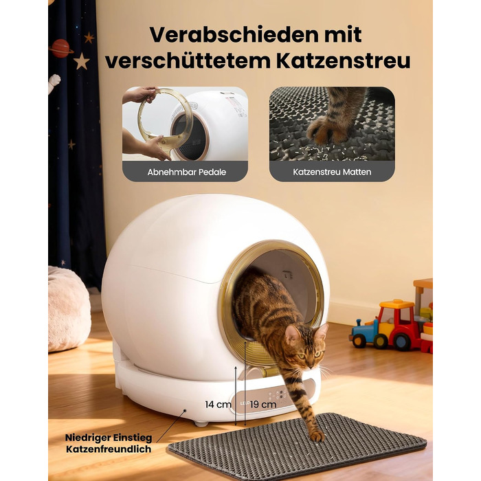Самоочисний електричний лоток для котів LELO PAWS XXL (74л) з керуванням через додаток, дезодоризацією та шторкою, золотистий