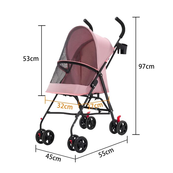Візок для собак Homewell 2в1, прогулянковий візок-переноска з підсклянниками, з гальмом та водонепроникним тентом, рожевий