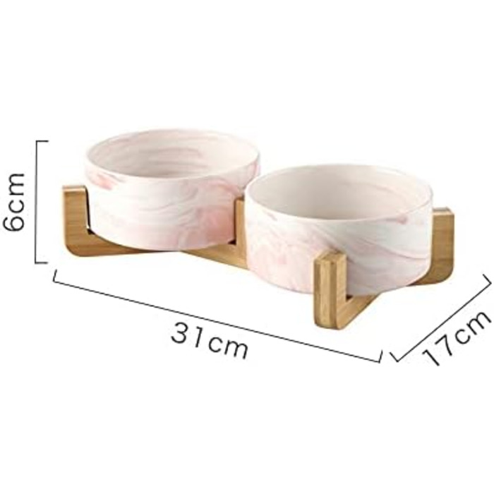 Миска для собак SP SEMPRE з кераміки з бамбуковим тримачем, піднята миска (подвійний розмір 13,5 см, рожевий мармур)