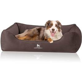 Ортопедичне ліжко для собак Knuffelwuff Jona з велюру, коричневе | Memory Foam | Знімний та пральний чохол | Захищає суглоби, зігріває, довговічне | Для собак маленьких, середніх та великих, розмір L 70 x 50 x 20 см, Коричневе