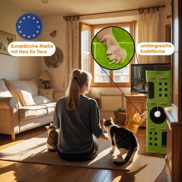 Сучасний котячий комплекс з 4 ярусами та 3 будиночками для котів, фетр, стійка альтернатива котячого будиночка з іграшкою, тихий та компактний (90 см), зелений (35 x 35 x 90 см)