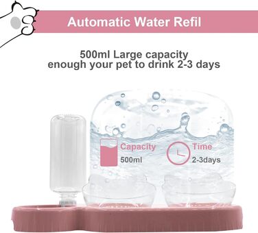 Набір мисок для котів та собак з диспенсером води, килимомком та лопаткою. Нахил 15°, миски для вологого та сухого корму, рожевий колір