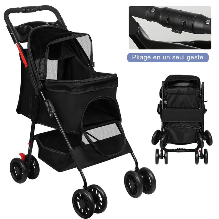 Дитяча коляска для собак та котів Homewell, складана, до 20 кг, з ременями, вантажний відсік та тримач для напоїв (Чорний)