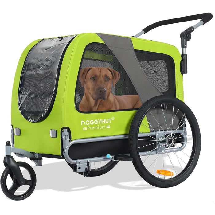 DOGGYHUT® Преміум великий велосипедний причіп для собак 2 в 1, буксир для собак, біговий причіп для собак, великий об'єм 270 літрів, для середніх та великих собак до 35 кг, зелений / чорний