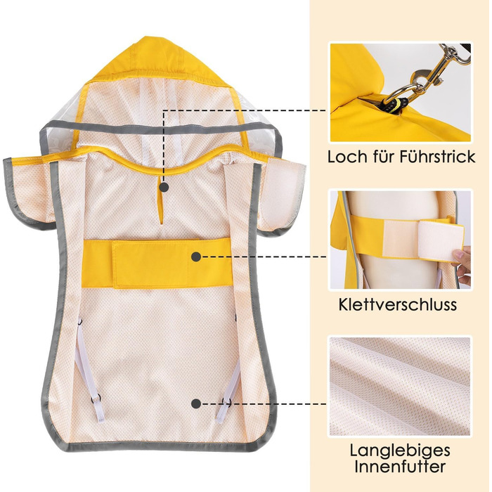 Регенкожух для собак SlowTon: водонепроникний, двошаровий, з капюшоном, світловідбиваючими смугами та кишенею. Підходить для собак маленьких, середніх та великих порід. Колір: жовтий.