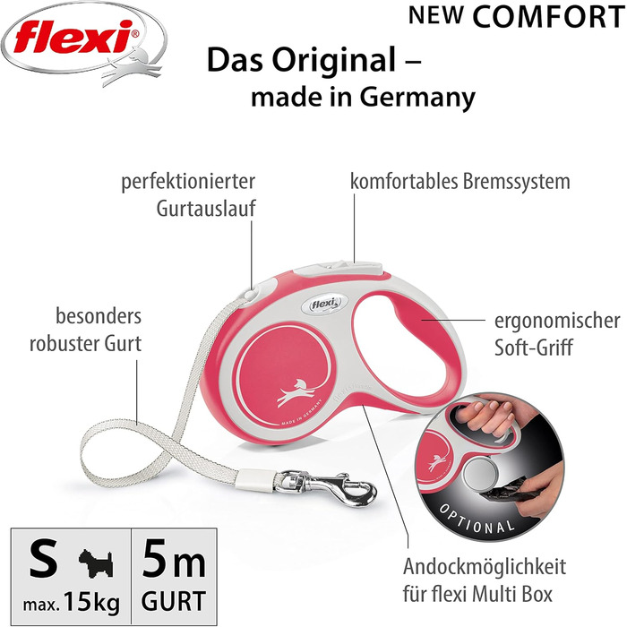Повідок-рулетка Flexi New Comfort, стрічка, 5 м, до 15 кг, червоний, розмір S