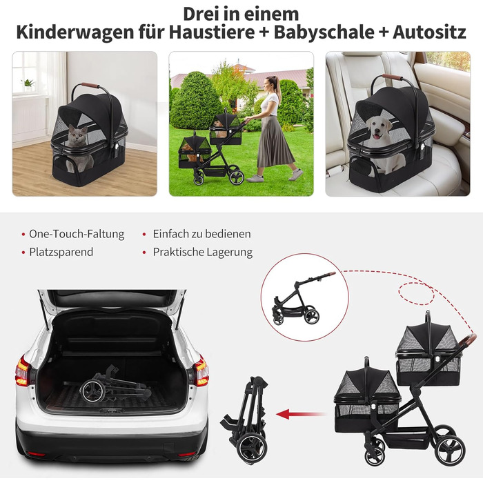 Складаний двоярусний візок для собак та котів до 22 кг, з сітчастими віконцями, тримачем для напоїв та місцем для зберігання. Ідеально для двох маленьких собак або котів. Легкий та зручний двошаровий візок.