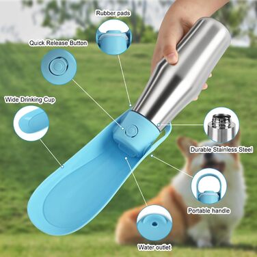 Водяна пляшка для собак на прогулянці - витокозахисна, з нержавіючої сталі, подвійні стінки, вакуумна ізоляція, 750 мл (Блакитна)