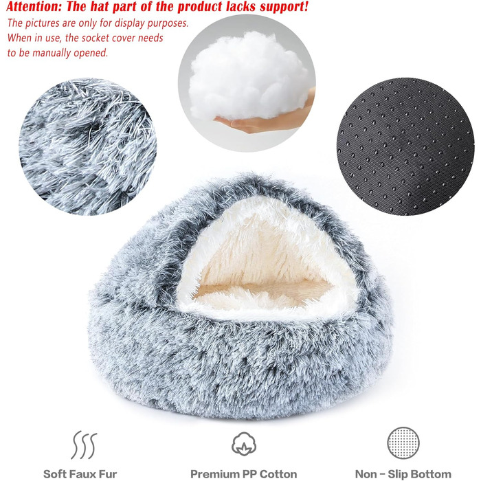 Кругле собаче ліжко NOYAL з капюшоном для маленьких та середніх тварин – плюшеве, м'яке, антистресове ліжко-печера для котів та собак, знімний чохол, середній розмір 60 см, колір: градієнт темно-сірого кольору