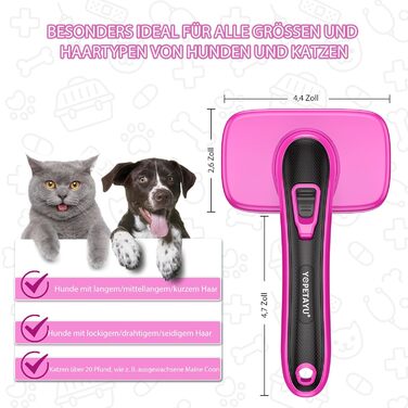 Щітка для собак, котів та домашніх тварин, самоочисна, проти підшерстка та відмерлого хутра, зменшує випадання шерсті, делікатна до шкіри, для великих, середніх та маленьких собак та котів, рожева