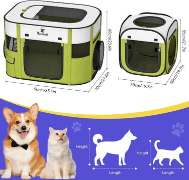 Pawaboo Зручний переносна клітка для тварин, розкладний вольєр для собак та котів з водонепроникного оксфорду, з сумкою для перенесення та мискою, для цуценят, котів, кроликів, для використання в приміщенні та на вулиці, зелений, 80x60x55 см (3-в-1 вольєр