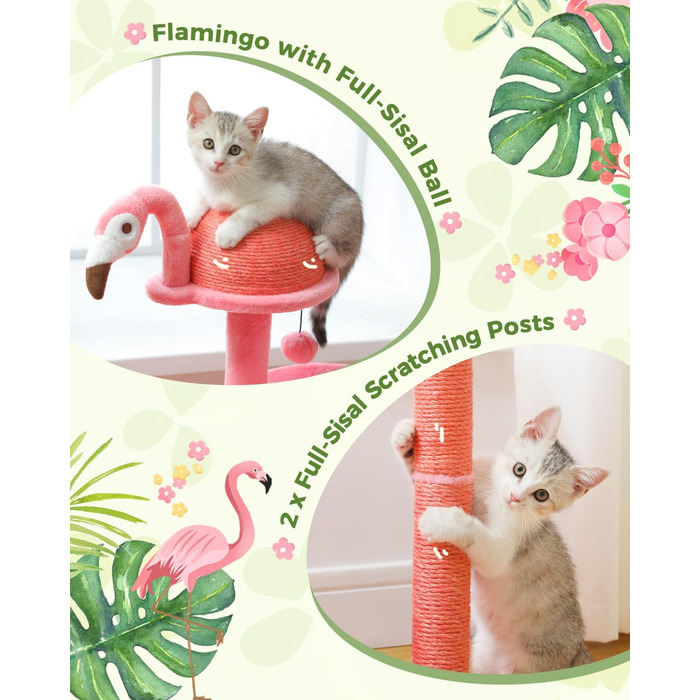 PURRPURCAT Фламінго — рожевий котячий будиночок з гамаком, когтеточка та ігровим м'ячем для маленьких котів, 86,4 см, для дому