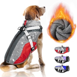 Зимовий одяг для собак Nasjac: теплий водонепроникний флісовий одяг з кріпленням для повідка, для маленьких, середніх та великих собак. Відбиваючий, регульований, з хутром, Hunter Weste XXL (Об'єм грудей 74-82 см), червоно-сірий