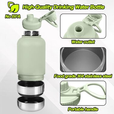 Водяна пляшка для собак на прогулянці, 950мл, з мискою, з нержавіючої сталі, термопляшка для собак, для подорожей та активного відпочинку (Зелена)