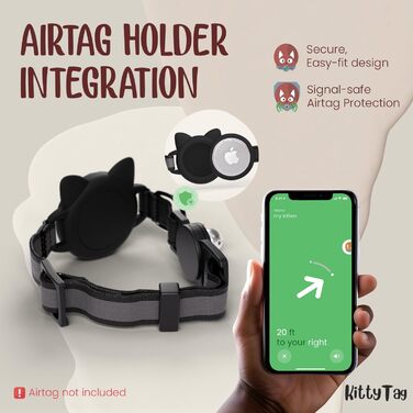 Нашийник для кота KittyTag з аксесуарами, сумісний з Apple Airtag, світловідбиваючий та світовий, GPS, захист від задушення, регульований (Чорний)