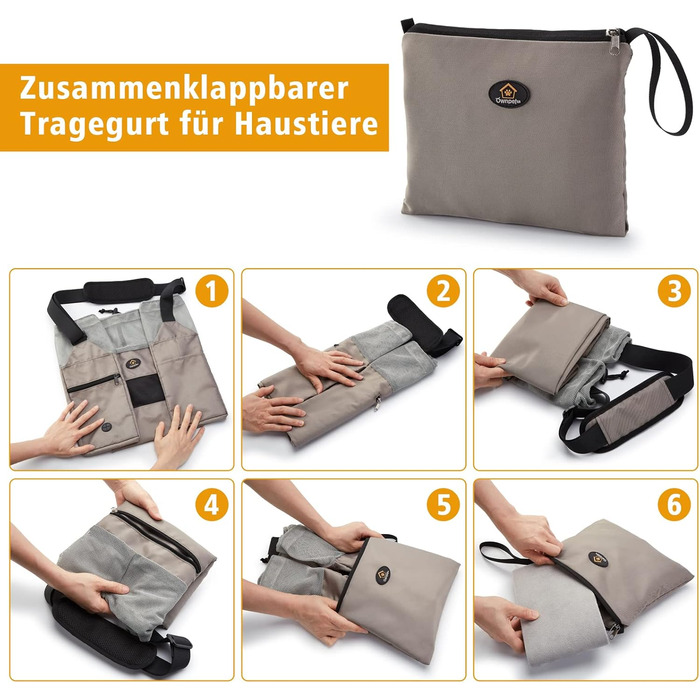 Сумка-переноска для собак Ownpets, сіра, до 6 кг, з регульованим ременем та кишенями, 42x25x14 см