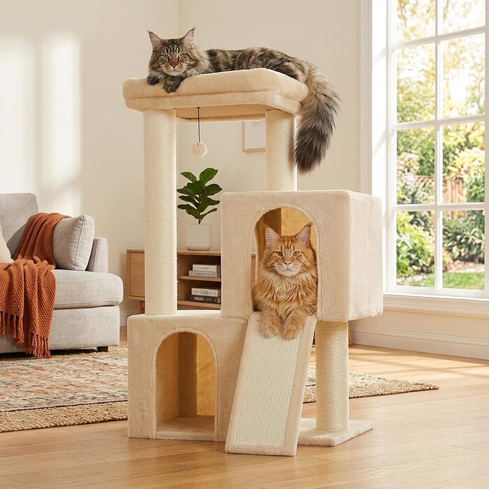 Дряпачка для котів PAWZ Road 114 см, міцний ігровий комплекс з двома будиночками, бежевий