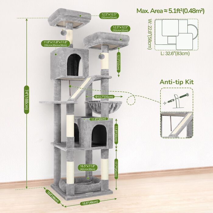 Комплекс для котів Globlazer з будиночками, лежаками та когтеточками, 189 см, сірий (XXL)